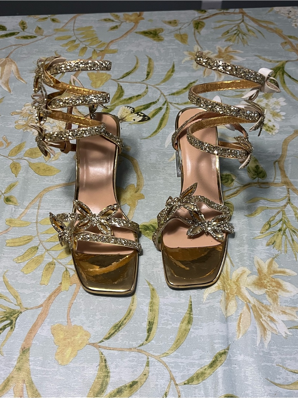 Gold Crystal Wrap-Strap High Heel Sandals - Women